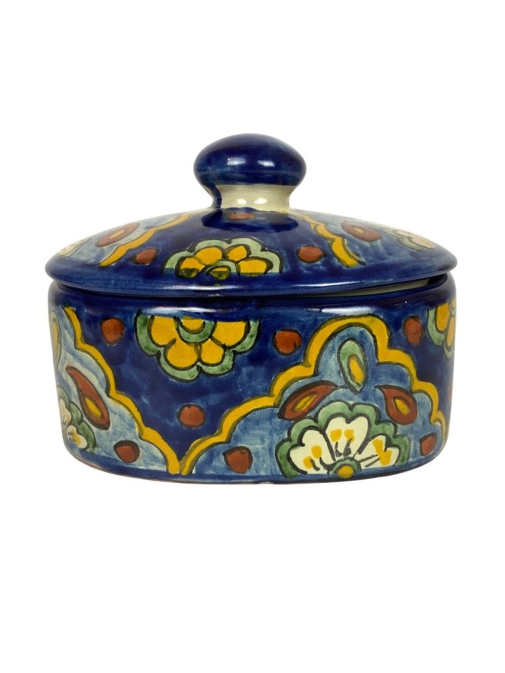 Hand-Painted Talavera Ceramic Trinket Dish Blue Yellow Floral Design Oval